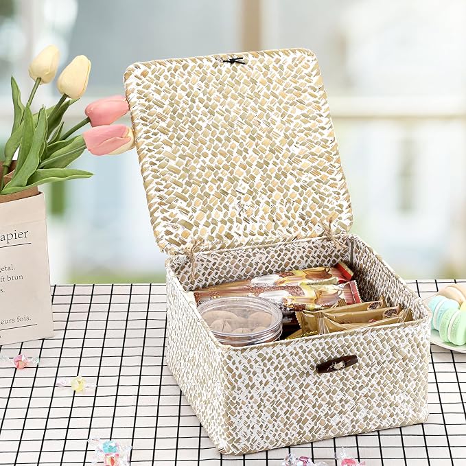 Hipiwe Handwoven Seagrass Basket with Lid Square Wicker Basket Storage Bin | Multipurpose Baskets Organizer Closet Storage Baskets Box Household Container for Home Decor, Small Whitewash