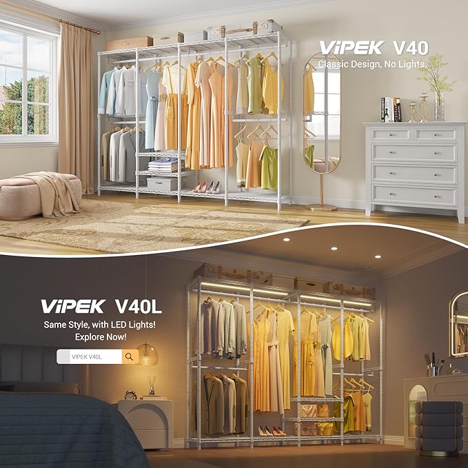 VIPEK V40 Heavy Duty Clothes Rack, Modular Closet System Clothing Rack | 76 inch Adjustable Open Clothing Storage System with 6 Shelves & 4 Hang Rods for Bedroom/Reach-in Closet, White