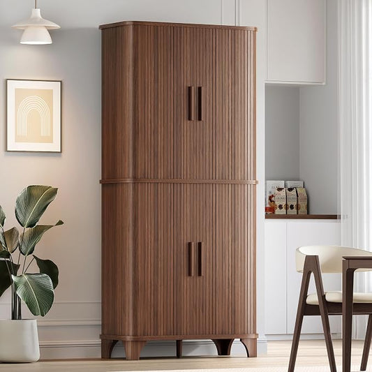 Decofy 69" Tall Kitchen Pantry Storage Cabinet with Sliding Door, Modern Curved Edge Pantry Storage Cabinet with 5 Shelves, Cupboard for the Kitchen, Dining Room, Bedroom, Living Room, Office (Walnut)