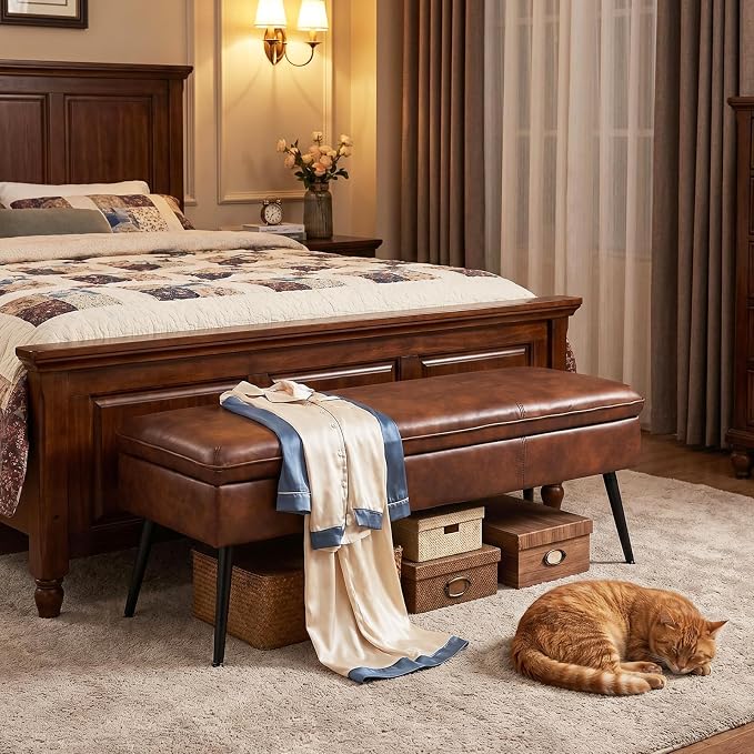 Ottoman with Storage Bench, Upholstered Large Entry Bench Cognac | 43.3" Mid-Century Modern End of Bed Bench w/ Flip-Lid Metal Legs Padded Seat for Living Room Bedroom Entryway, Faux Leather