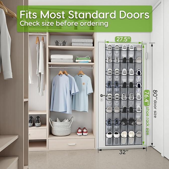 Over the Door Shoe Organizer with 40 Large Breathable Mesh Pockets, Space Saving Shoe Holder, Hanging Shoe Rack for Entryway Bedroom Closet Storage (Grey, 40 Pockets)