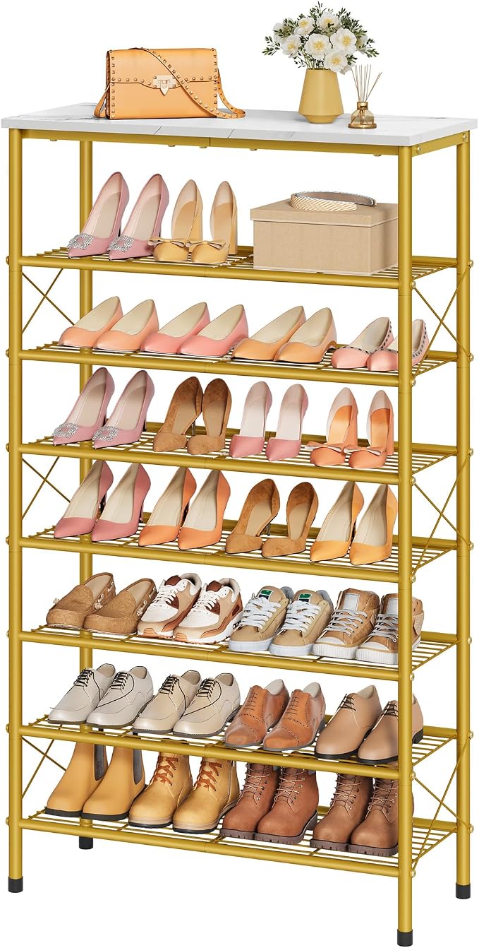 8 Tier Shoe Rack Organizer for 28-32 Pairs of Shoes, White & Gold | Sturdy & Durable, X Shape Fixed Frame, Metal Mesh Shoe Shelf, Industrial, For Closet, For Entryway Shoe Storage