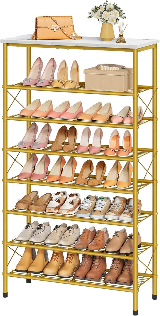 8 Tier Shoe Rack Organizer for 28-32 Pairs of Shoes, White & Gold | Sturdy & Durable, X Shape Fixed Frame, Metal Mesh Shoe Shelf, Industrial, For Closet, For Entryway Shoe Storage