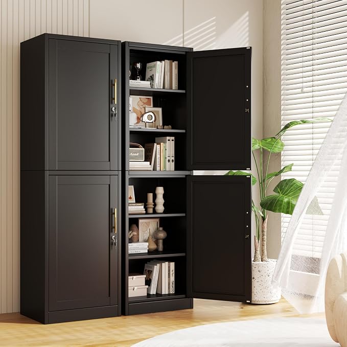 Tall Metal Narrow Bathroom Storage Locker Cabinet 67" H, Tall Black Pantry Cabinets with 4 Adjustable Shelves and 2 Lockable Doors for Kitchen, Home Office, Living Room, Dining Room