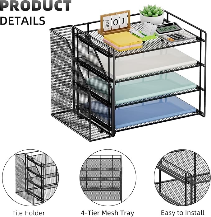 Marbrasse 4-Tier Paper Tray Organizer with File Holder, Black | Sturdy Paper Tray, Built-in File Holder, fits Letters/Docs, Saves Desk Space, for School/Office/Home