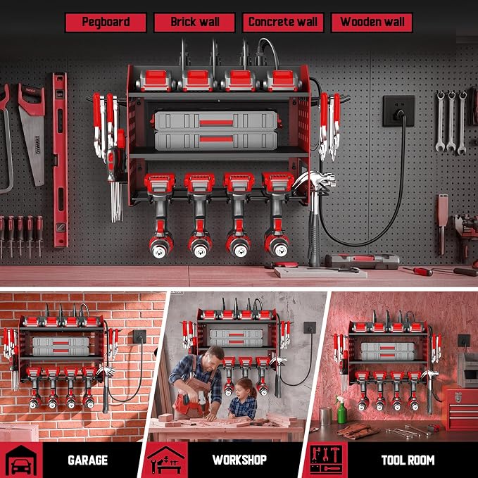 SPACECARE Power Tool Organizer with 6 Outlets, 3-Layer Heavy Duty Wall Mount Drill Storage Rack, Cordless Tool Charging Station with Utility Shelf, Garage Organization and Storage for Workshop- Red