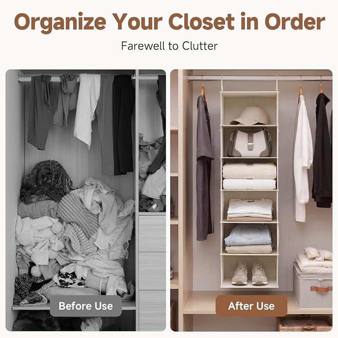StorageWorks 6-Shelf Hanging Closet Organizer, Hanging Shelves for Closet, Fabric, Mixing of Beige, White & Ivory, 12" D x 12" W x 47 1⁄2" H