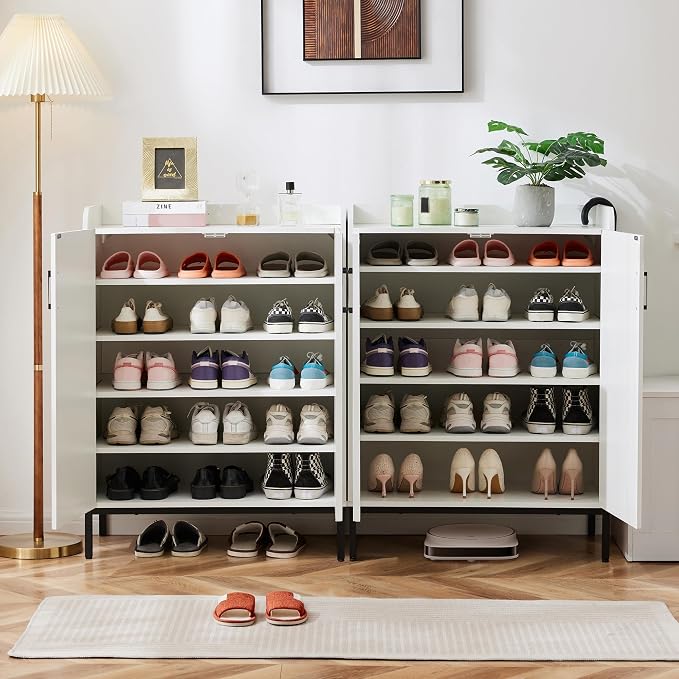 Modern Shoe Cabinet with Metal Legs, Farmhouse Large 5-Tier Shoe Storage Cabinet with Doors, Wooden Shoe Organizer for Entryway, Hallway, Closet, Bedroom, Living Room, White