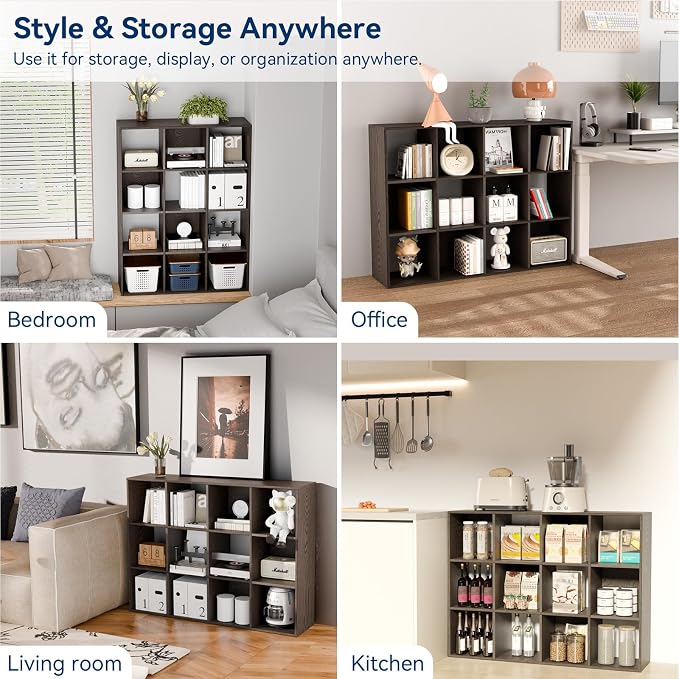 Whitmor 12 Cube Storage Organizer, 4 Tier Stackable Mdf Wood Bookcase, Open Storage Display Bookshelf, Storage Cabinet for Living Room, Bedroom, Home, Office, 35.1"L x 11.7"W x 47.5"H, Espresso