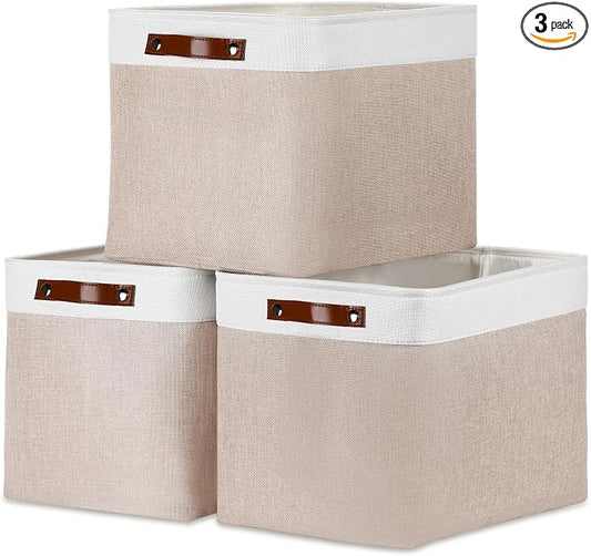 DULLEMELO Fabric Storage Bins, Lining Fabric Baskets For Gifts, Large Storage Baskets for Books Clothes Storage, Foldable Storage Basket for Office Home Shelves Closets Organizing(White&Khaki)