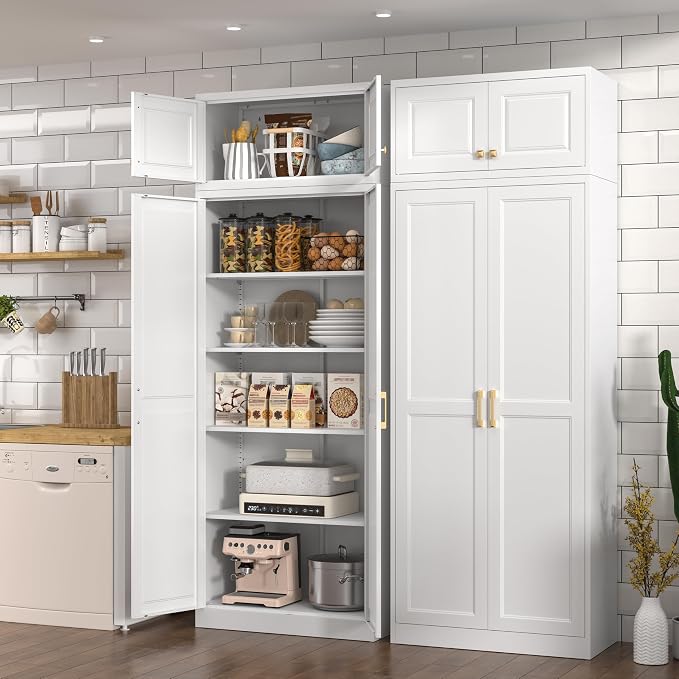 Polup 86" Tall Metal Kitchen Pantry Storage Cabinet with Doors and Shelves | Heavy-Duty White Cabinet, 4 Adjustable Shelving, Gold Handles, Magnetic Latch, for Dining Living Room, Bathroom & Garage