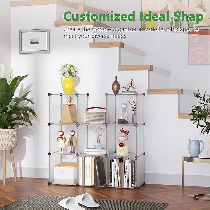 C&AHOME Cube Storage Organizer, 9-Cube Bookcase, Closet Cabinet White | DIY Stackable Bookshelf, Plastic Modular Shelving Units Ideal for Home, Office, Kids Room, 36.6" L x 12.4" W x 48.4" H