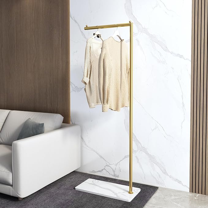 Gold clothing rack with Marble Base,Modern clothes racks for hanging clothes,7-shaped coat rack Freestanding Small garment rack Clothes Hanging Rack for Small Space,Bedroom or cloakrooms