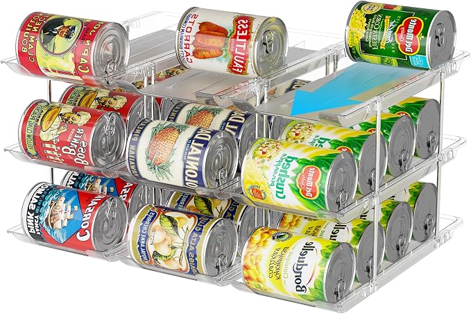 LXLXXL Can Organizer for Pantry Canned Food Storage Goods Holders 3 Tier | Automatic Rolling, Clear Acrylic Can Storage Rack, Sturdy and Stackable Shelf, for Fridge Cabinet Pantry Kitchen Organizer