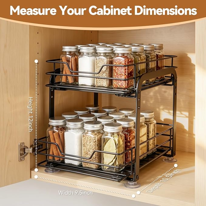 Spice Rack Organizer for Kitchen, Pull Out Spice Racks for Inside Cabinets, 2 Tier Spice Shelf Organization for Cabinet Seasoning, No Drilling Install for Home Kitchen Space Saving, 1 Pack