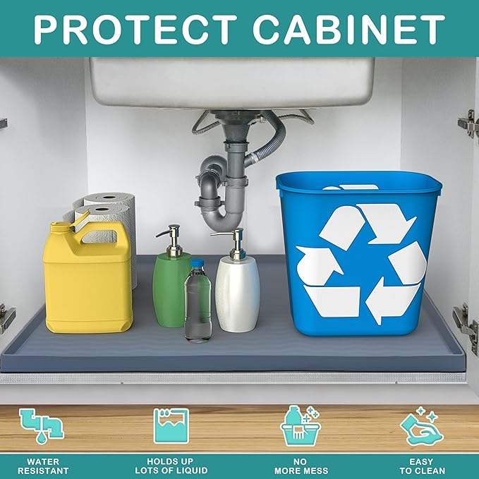 URMONA Waterproof Silicone Under Sink Mat 31'' x 22'' Shelf Liner for Kitchen and Bathroom, Cabinet and Counter Protector, Storage and Organizers, Litter Mat, Pet Cat Puppy Essentials(Light Grey)