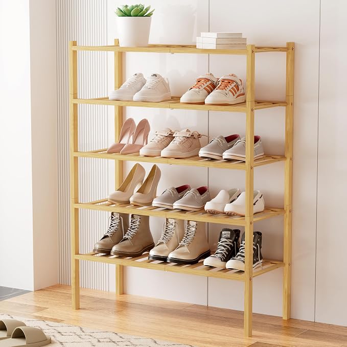 Smiry Bamboo Shoe Rack, 12 Vertical Slats, 5 Tier - 26.8" Wide, Natural | Stackable Free Standing Wooden Shoe Organizer, Wood Shoe Storage Shelf for Closet, Entryway