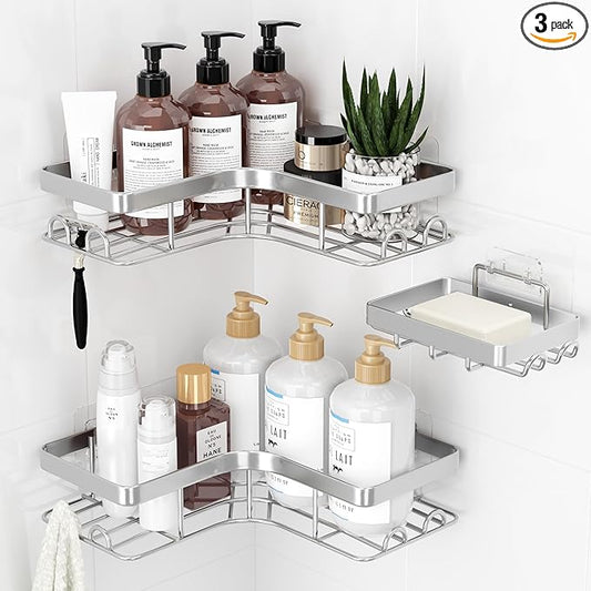 Sakugi Corner Shower Caddy - 3-Pack Shower Organizer with Soap Holder & Built-In Hooks, Rustproof Metal Shower Shelves, Laundry, Kitchen, Bathroom Organizers and Storage Solution, Large, Silver