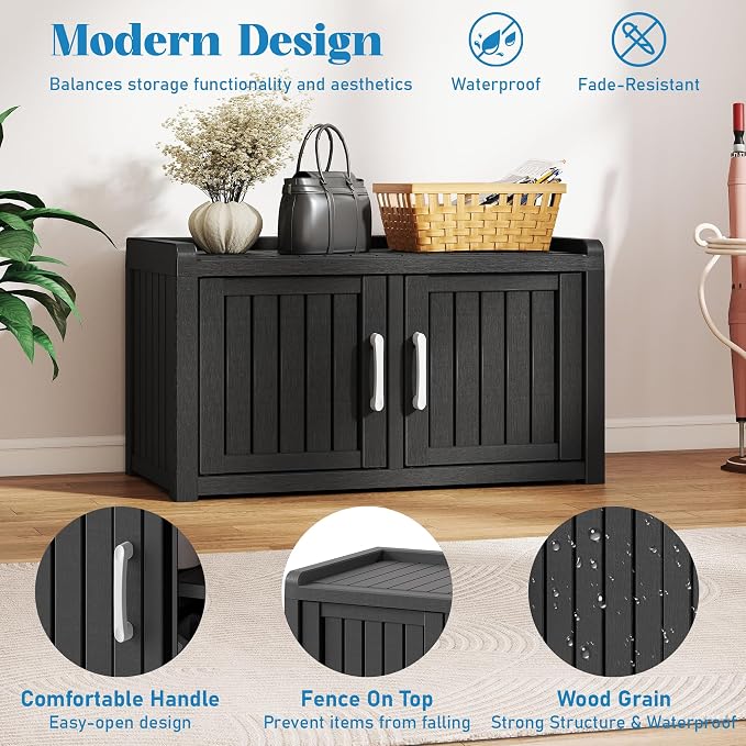 Outdoor Shoe Storage Cabinet, Waterproof UV-Resistant Entryway Storage Bench Indoor Outdoor with 2 Barn Doors, Adjustable Shelves for Entryway, Bedroom, Hallway,Living Room(Classic Black)