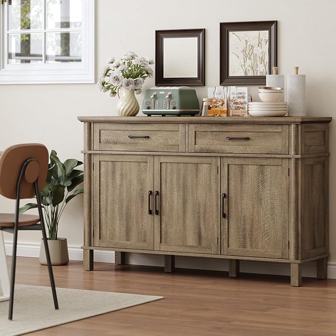 55 Inch Buffet Cabinet with Storage, Farmhouse Sideboard Buffet w/2 Drawers and 3 Doors, Coffee Bar Cabinet with Adjustable Shelves, Sideboard Storage for Kitchen, Living Room, Washed Grey
