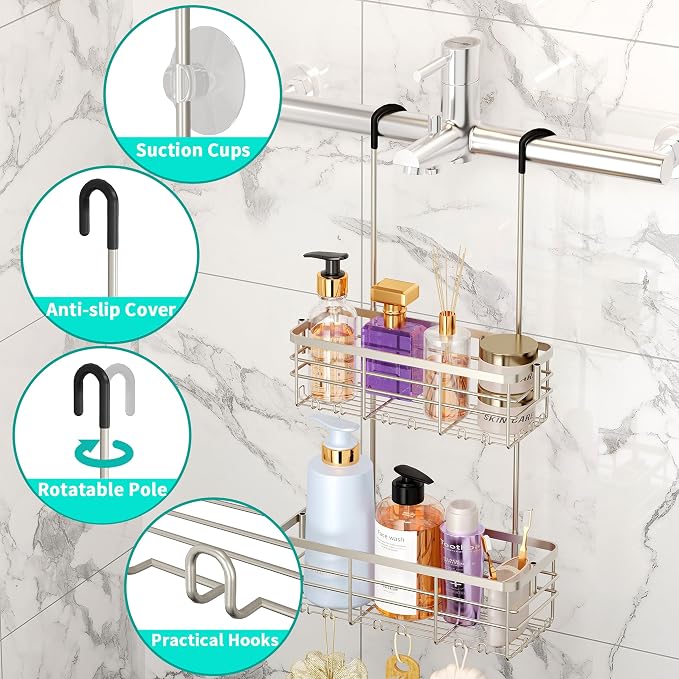 HapiRm Shower Caddy Organizer Hanging - No Drilling Shower Rack with Hooks | For Renters & Small Bathrooms, No Drilling 2-Tier Shelves, Rustproof 304 Stainless Steel, Brushed Nickel