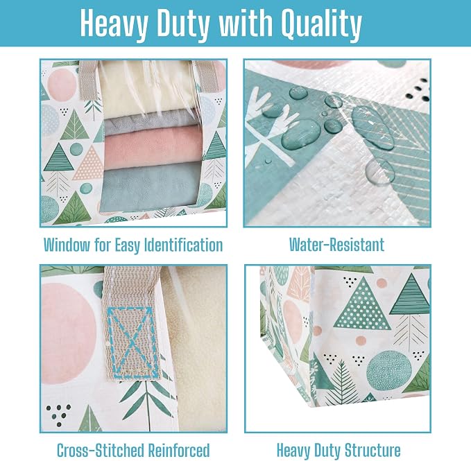 VENO 6 Pack Moving Bags, Large Christmas Storage Bins with lids, Packing Supplies for College, Alternative to Moving Boxes, Foldable, Heavy-Duty Tote, Christmas Pattern (Pastel Forest, 6 Pack)
