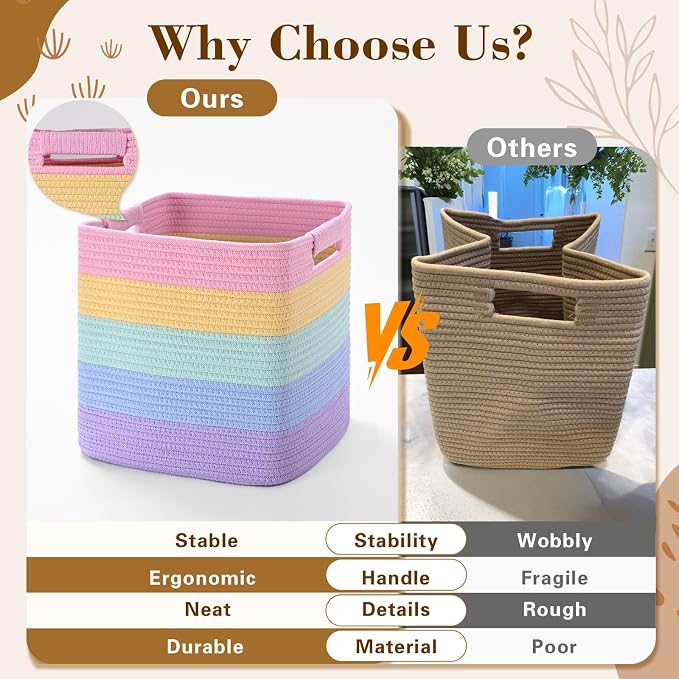 11 Inch Storage Cubes, 3 Pack Cube Storage Bins for Organizing, Cotton Rope Woven Baskets for Shelves, Bathroom, Kids Room, Closets, Baby Nursery