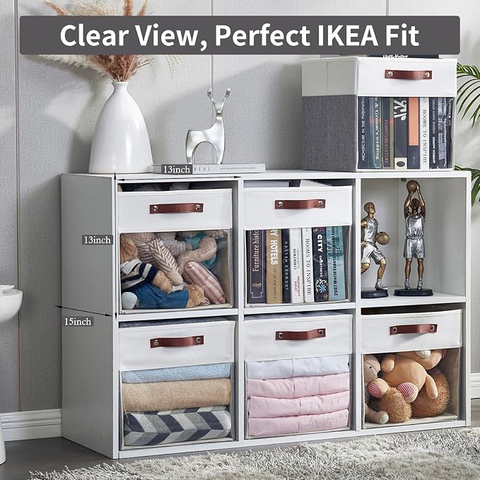 Storage Cubes, 4 Pack Linen Foldable Storage Bins with Clear Window and 2 Handles, 13x15x13 Storage Cube Bins for Shelf Closet, Kallax, Clothes, Books - (Gray / Off-White)
