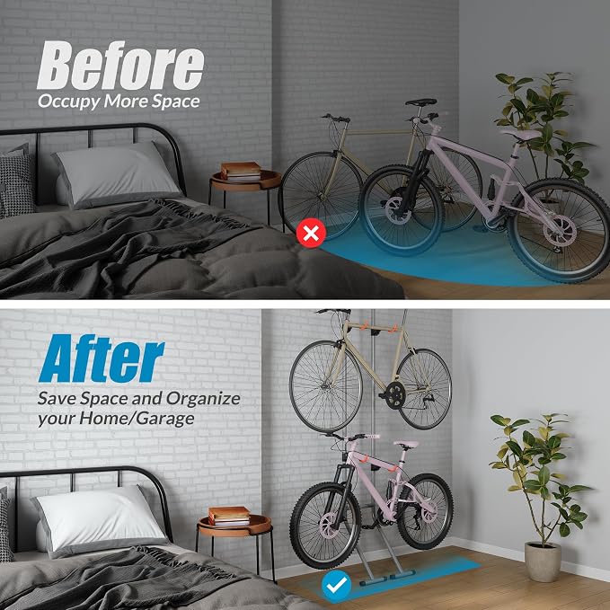Suchtale 2 Bike Rack, Bicycle Rack, Bike Storage Rack for Garage, Gravity Bike Stand, Indoor Bike Organizer, Floor Vertical Bicycle Holder, Adjustable Wall Mount Cycle Hanger for Road Mountain Bikes