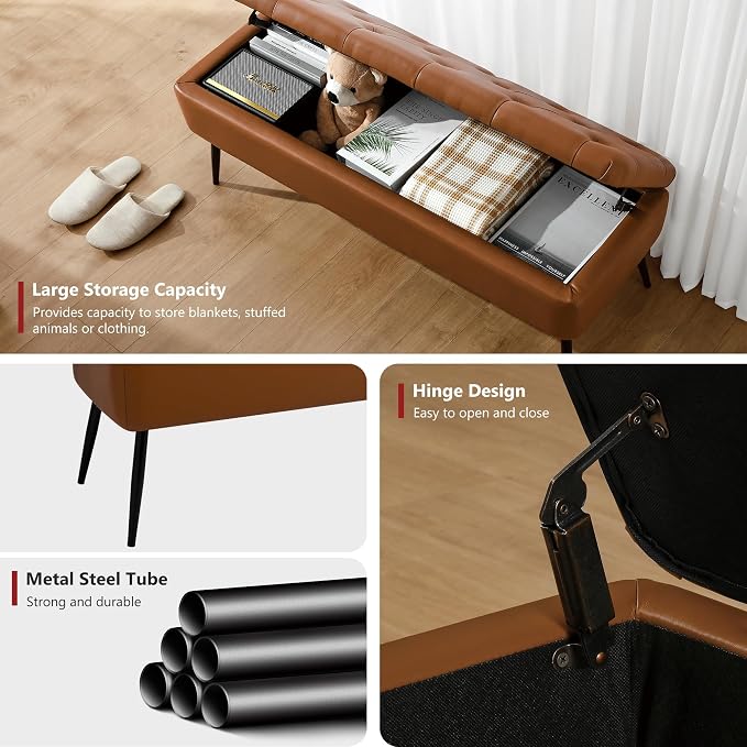 kinmars Leather Storage Ottoman Bench, End of Bed Bench with Steel Legs | Brown Leather Button Tufted Design | 660 lb Capacity | Safety Hinges | Mid-Century Modern Style | Bedroom & Entryway