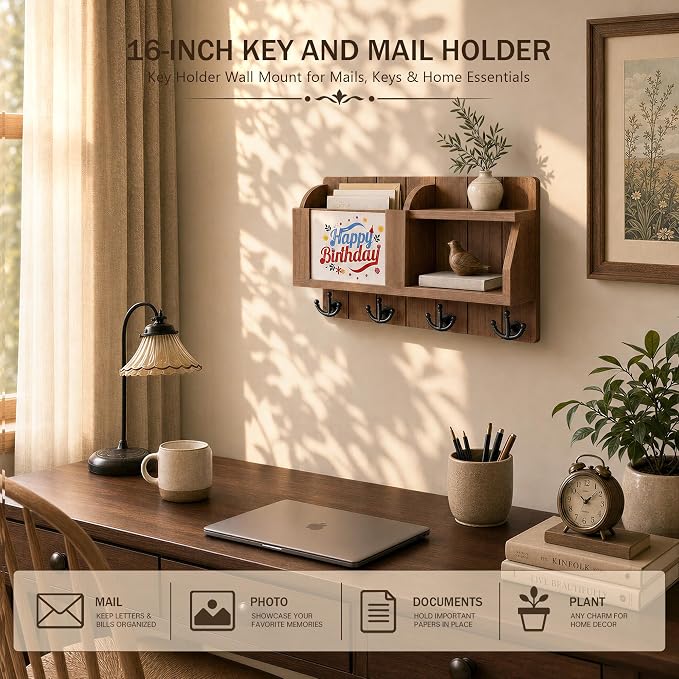 Rebee Vision Key Holder Wall Mount with Chalkboard for Home Decor, Brown | Key Holder for Wall, 4 Key Hooks, Floating Shelf, Mail Organizer, Key Hanger, Mail Organizer, Practical Everyday Organization
