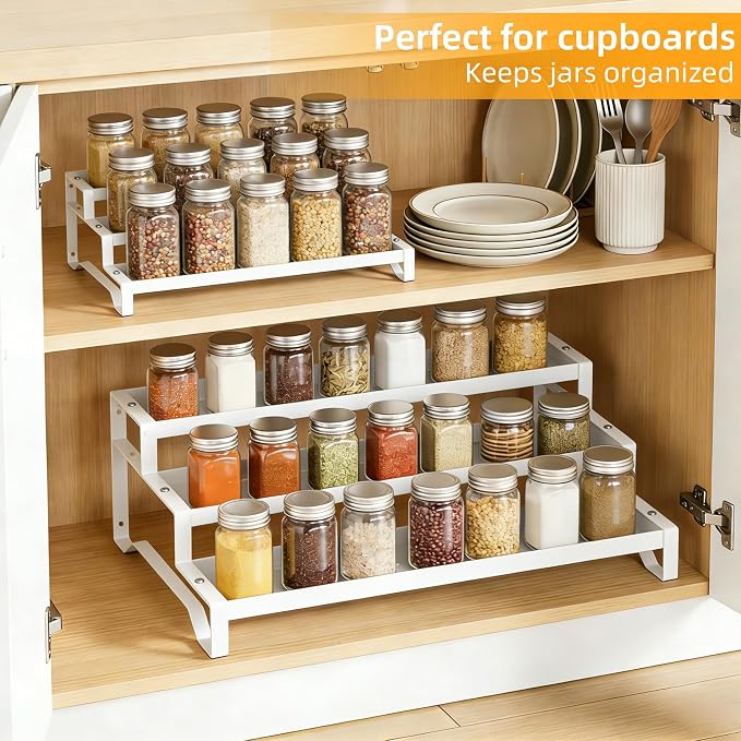 Spice Rack Organizer for Cabinet, 13-21.5" Expandable Spicy Shelf | 9.45" Wide 3-Tier White Metal Seasoning Organizer, Kitchen Spice Organization, Slip-Resistant Guardrails for Jars and Cans