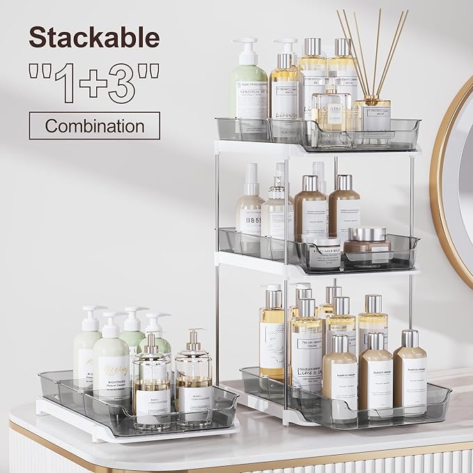 Delamu 2-Tier Multi-Purpose Bathroom Under Sink Organizers and Storage, Stackable Kitchen Pantry Organization, Pull Out Medicine Cabinet Organizer with Movable Dividers, Grey, 4 Pack