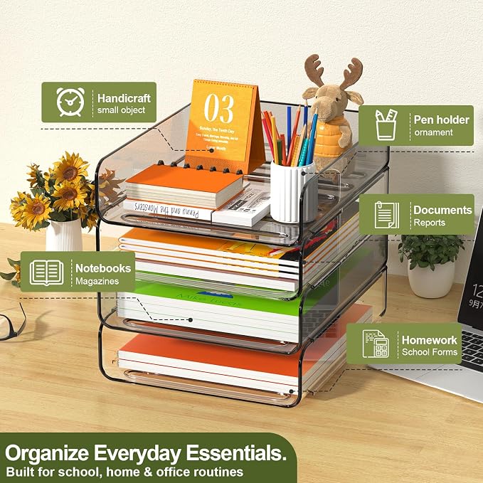 FANXIYQ 4-Tier Acrylic Paper Tray Organizer, 2-Tone Office Paper Organizer | Stackable, Tool-Free Design with 2-4 Tiers for A4 Paper, Files, Books and Mail; Ideal for School, Home Office and Study Room