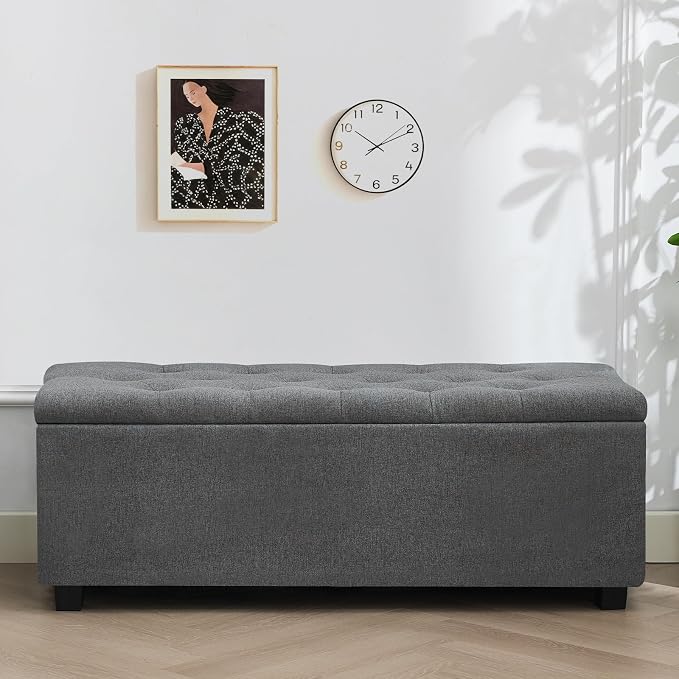 43" Ottoman with Storage and Sturdy Metal Frame, Tufted Upholstered Storage Bench, Modern Footboard Hideaway Chest with Removable Lid and Footrest for Living Room, Entryway (Dark Gray)