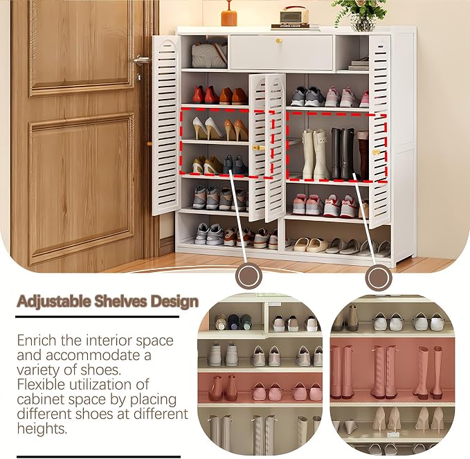 Shoe Cabinet with Louvered Doors, Freestanding Entryway Shoe Storage Cabinet with Drawer & Open Compartment, Modern Bamboo Shoe Rack Organizer with Thickened Adjustable Shelves for Closet