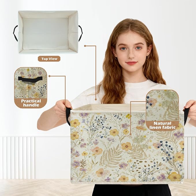 Watercolor Wildflower Storage Box Bins, Vintage Cottagecore Botanical Floral Collapsible Storage Basket Organizer for Bedroom Laundry Room Home Clothes Books, Decor for Room