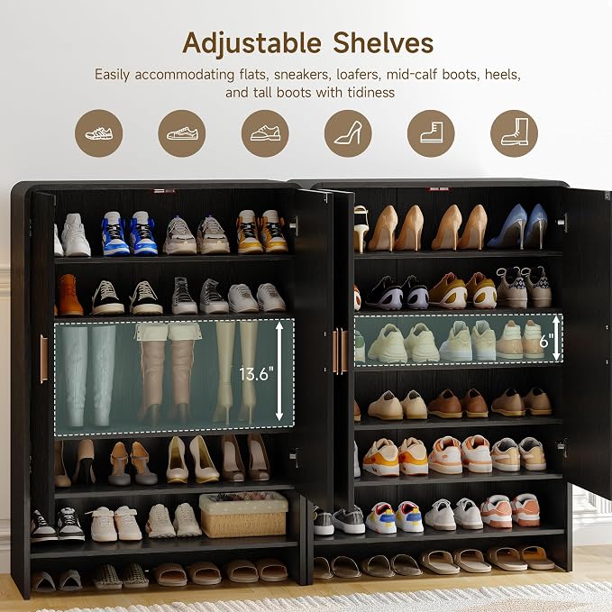 6-Tier Shoe Storage Cabinet, 45'' Large Farmhouse Shoe Cabinet for Entryway, Modern Wooden Shoe Organizer Cabinets with Doors and Shelves, for Front Door Hallway (Black)