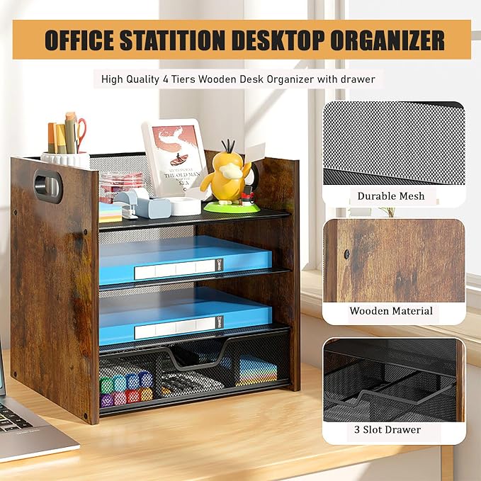 Desk Organizer - 4 Tier Desktop File Organizer with Drawer, Wooden Paper Tray Organizer, Office Desk Accessories Organizer for Papers, Mail, Notebooks, Stationery