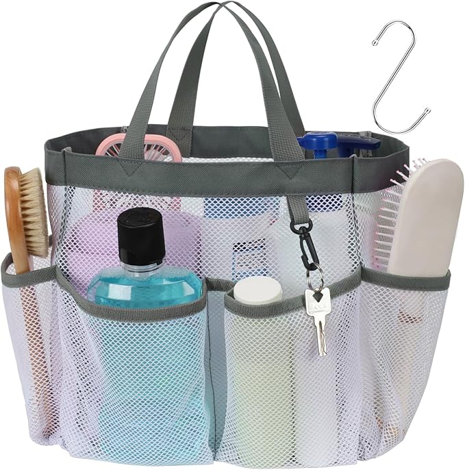 Mesh Shower Caddy Portable - 8 Pockets, S-Hook, Shower Bag for Dorm Camping | 2-Handle, Quick-Dry, Hanging Toiletry Organizer, College Dorm Room Essentials for Girls, Gym, Travel & Bathroom, White