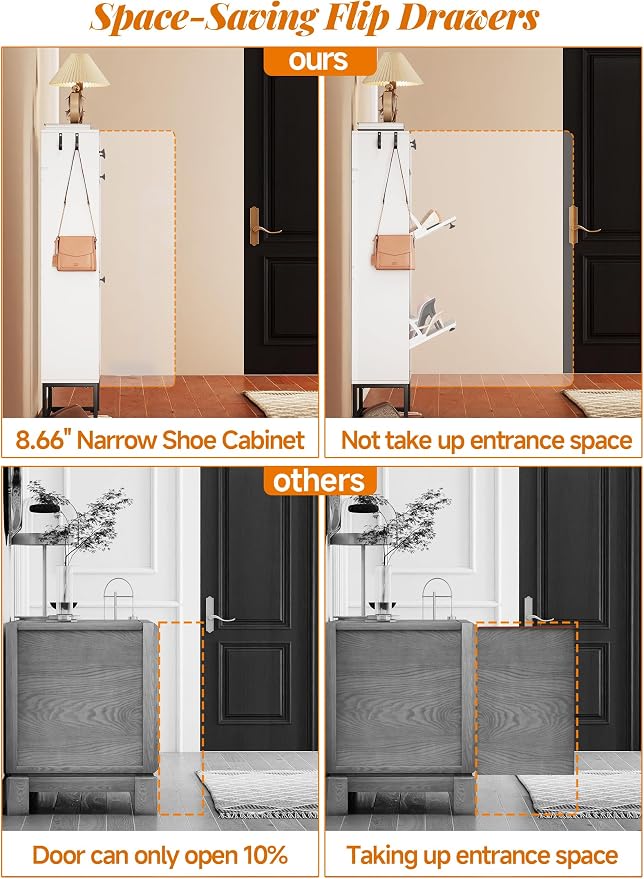 Shoe Storage Cabinet with 2 Flip Drawers & 2 Fabric Drawers, Farmhouse Hidden Shoe Organizer Cabinet with Adjustable Panel and Hooks, Narrow Slim Shoe Cabinets for Entryway, Hallway, Porch