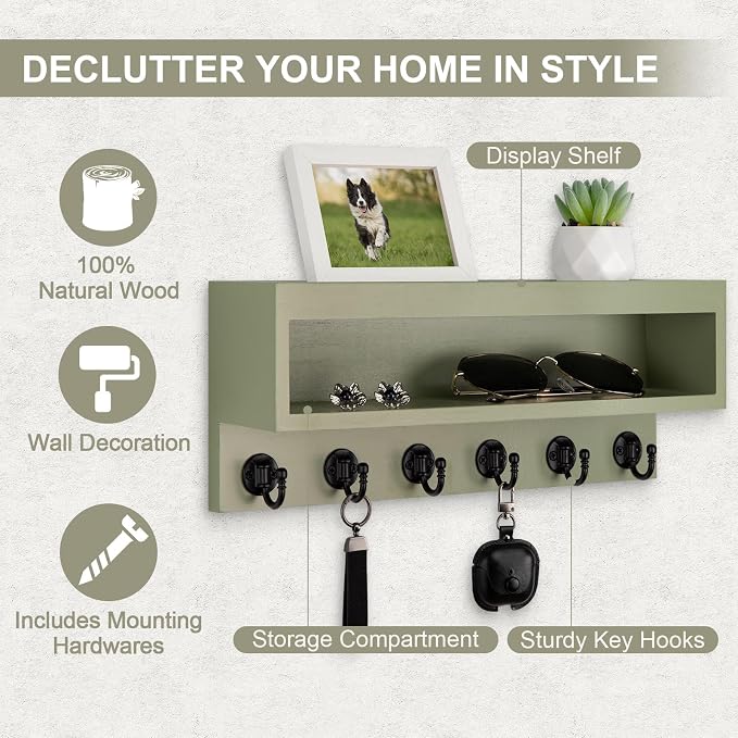 Key and Mail Holder Wall Mount, Key Hanger with Long Storage Box and 6 Hooks for Coat, Dog Leash, Home Decor Rack, House Accessories, Entry Way Organizer
