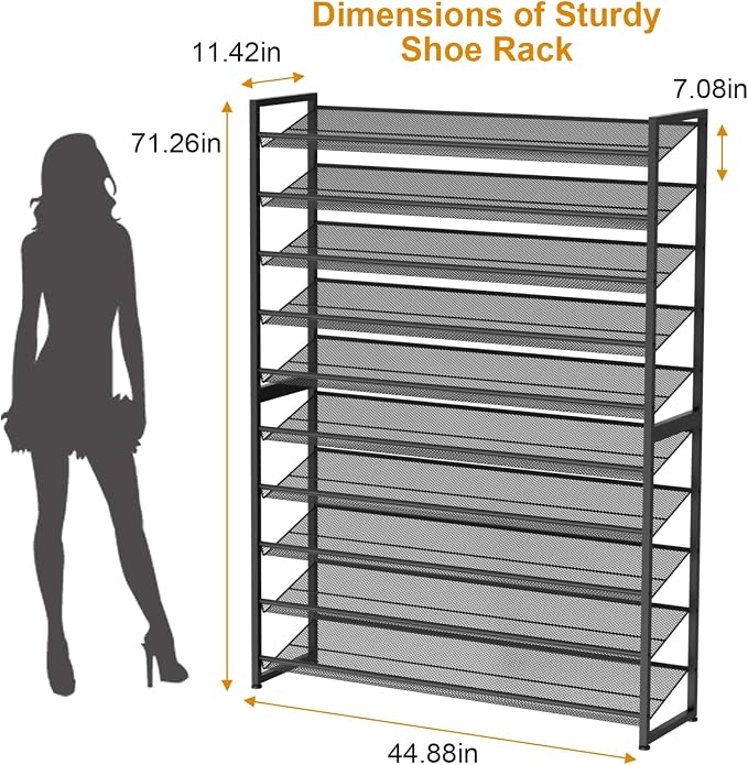 Large Shoe Rack 10 Tier Shoe Organizer, Heavy Duty Metal 5-Tier Stackable Shoe Storage Vertical Shoe Rack for Closet Front Door Entrance, Up to 62 Pairs, 44.8" W x 11.4" D x 71.2" H, Black