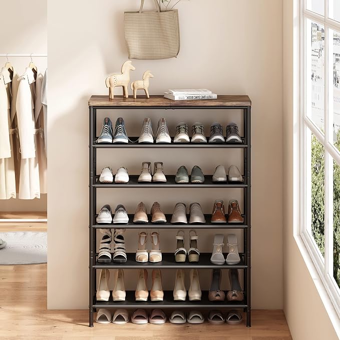 INGIORDAR 6 Tier Shoe Rack Storage Organizer Shelf Top with MDF Board | Space-Saving,with 3 Layer Fabric,stores 24+Pairs of Shoes for Closet,Entryway,Bedroom,Living Room Garage,Black+Rustic Brown