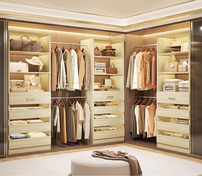 Aheaplus Closet System with 12 Drawers, 8.5-11.5Ft Wood Closet Organizer System with 4 Hang Rods & 3 Towers, 4Ft & 6Ft L-Shaped Walk-in Closets Wardrobe Organizer Clothes Rack, Set of 3, White Oak1