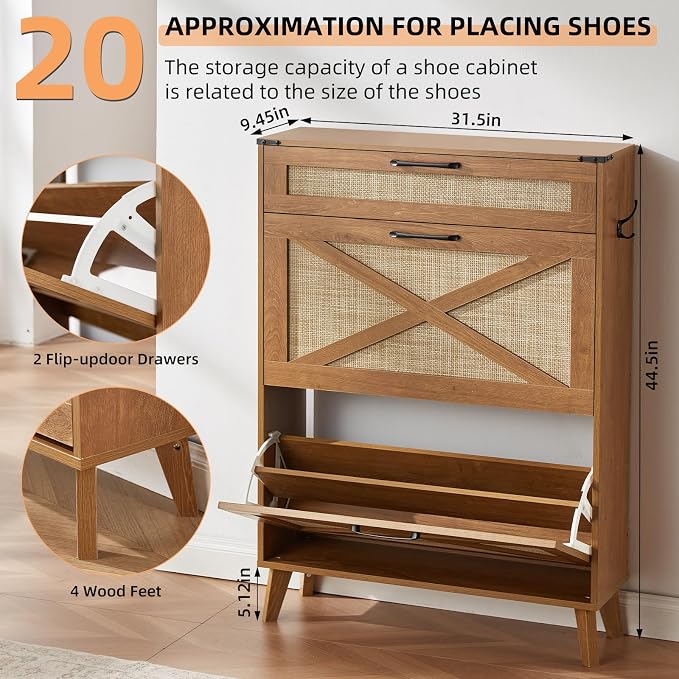 LEYAOYAO Shoe Cabinet Storage for Entryway with 2 Flip Drawers Rack Narrow Organizer Slim Hidden Wood Shoe Cabinet Furniture Tea Brown