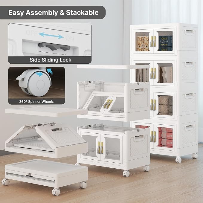Stackable Storage Bins with Lids, 192QT Extra Large Storage Cabinet | Clear Doors, Foldable Storage Drawers, Heavy Duty, Collapsible Closet Organizers for Bedroom Office (4, White, 48, Quarts)