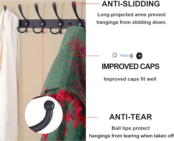 Dseap Coat Rack Wall Mounted - 5 Tri Hooks, Heavy Duty, Stainless Steel, Metal Coat Hook Rail for Coat Hat Towel Purse Robes Mudroom Bathroom Entryway (Grey, Pack of 2)