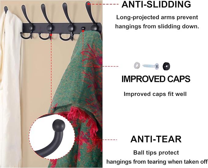 Dseap Coat Rack Wall Mounted - 5 Tri Hooks, Heavy Duty, Stainless Steel, Metal Coat Hook Rail for Coat Hat Towel Purse Robes Mudroom Bathroom Entryway (Green, Pack of 2)