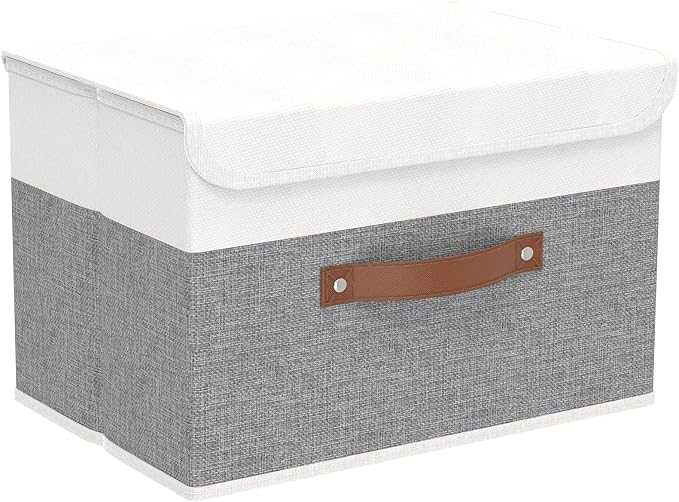 Yawinhe Storage Bins with Lids,White/Grey,17.7x11.8x11.8in,1-Pack | Fabric Container with Leather Handle,Washable Home Basket, Clothes Blanket Storage Boxes,Collapsible Closet Organizer